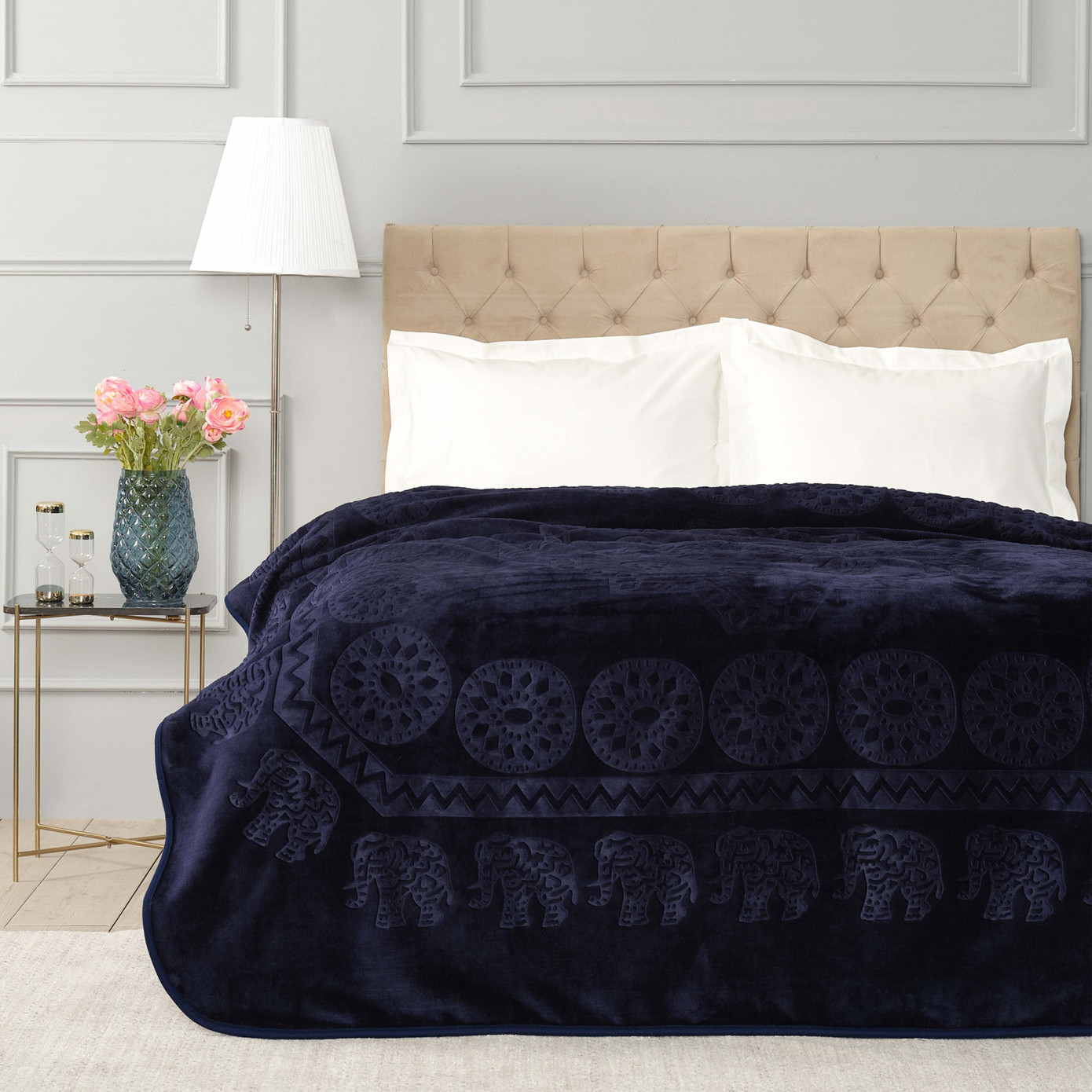 Karaca Home Elephant Navy Blue Double Soft Embosy Blanket