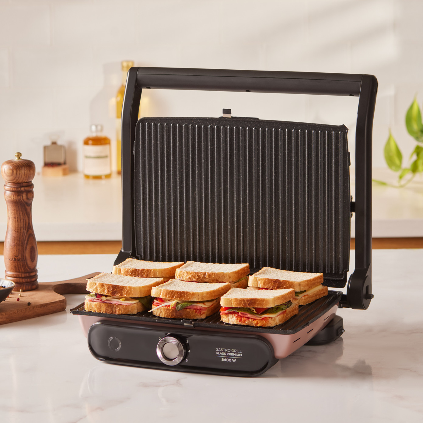 Karaca Gastro Grill Glass Premium 2400W Toaster And Grill Rosegold