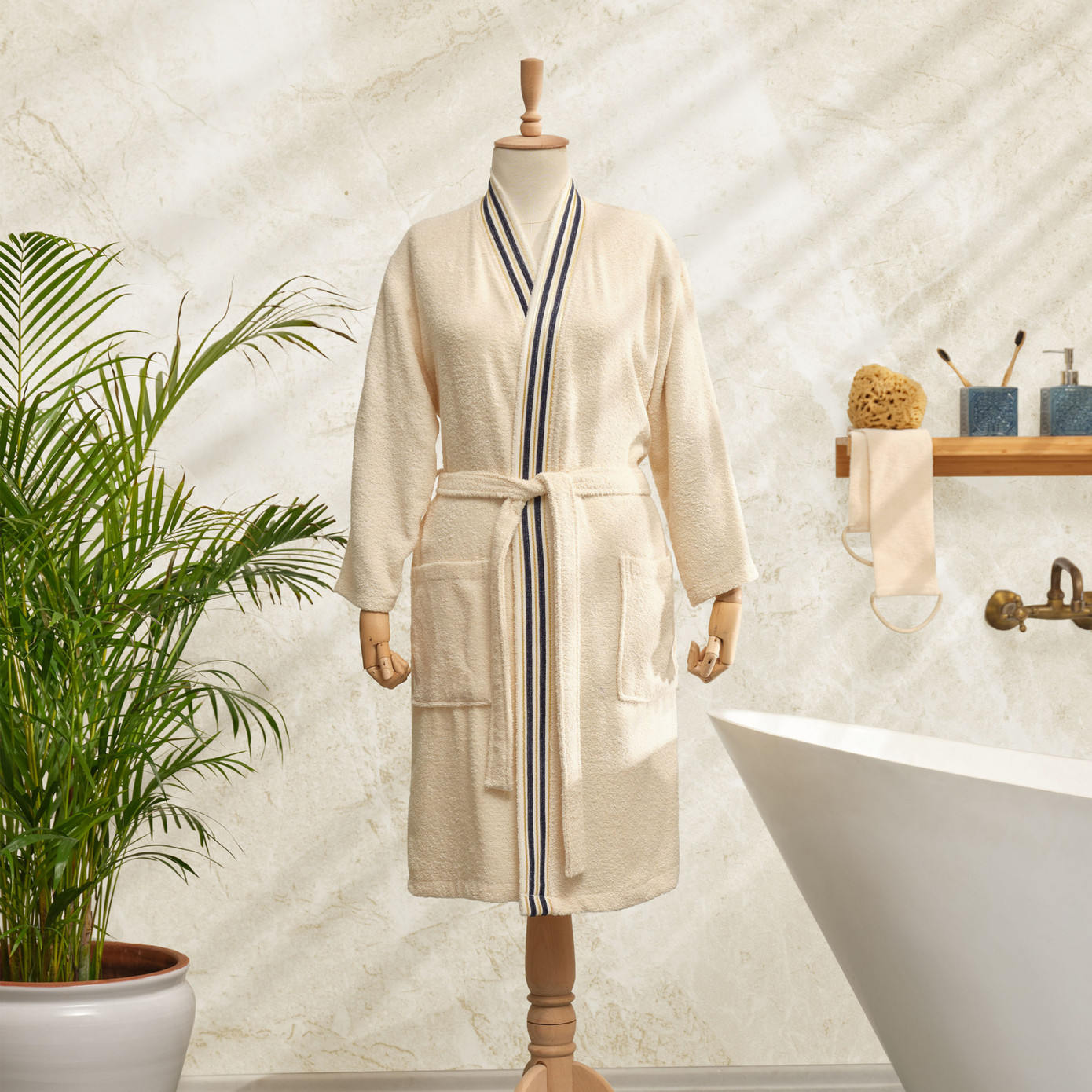 Karaca Home Minka Off White Navy Blue Sonil 100% Cotton Bathrobe L/XL