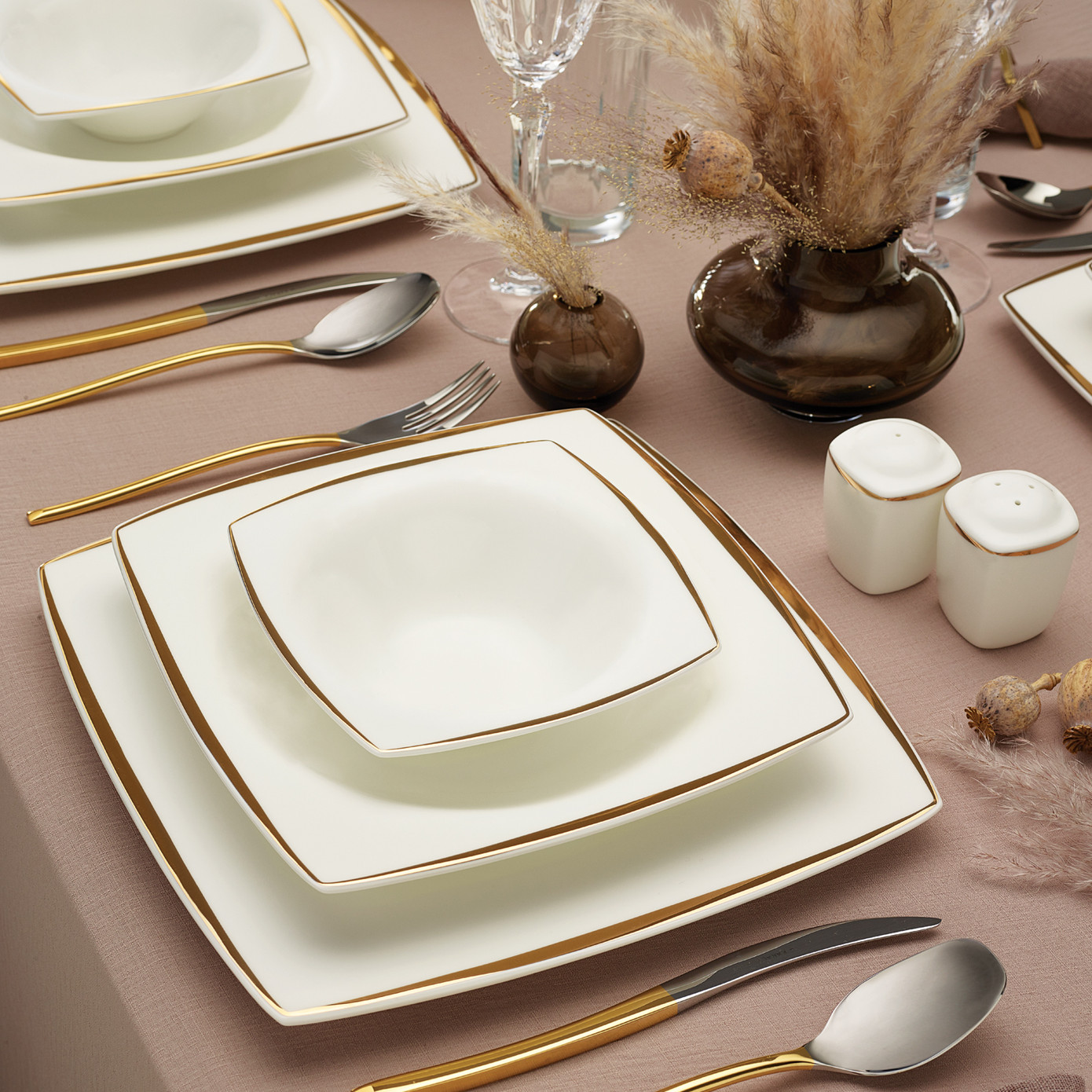 Karaca Fine Pearl Agate Gold 62 Pieces Pearl Dinnerware Set For 12 Persons