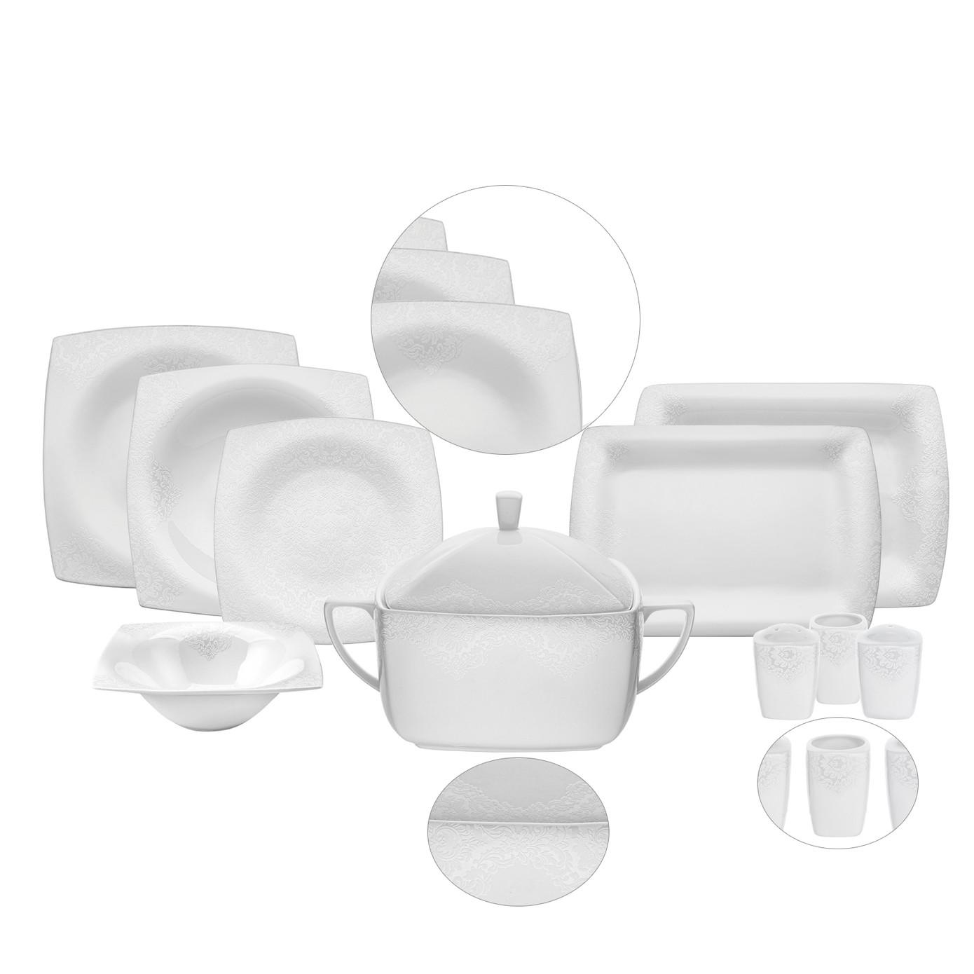 Karaca Helen Fine Pearl 62 Pieces 12 Person İnci Square Dinnerware Set