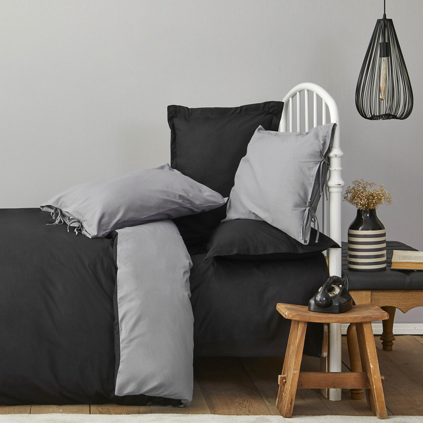 Karaca Home Basic Black - Dark Gray Double Sided Double Duvet Cover Set