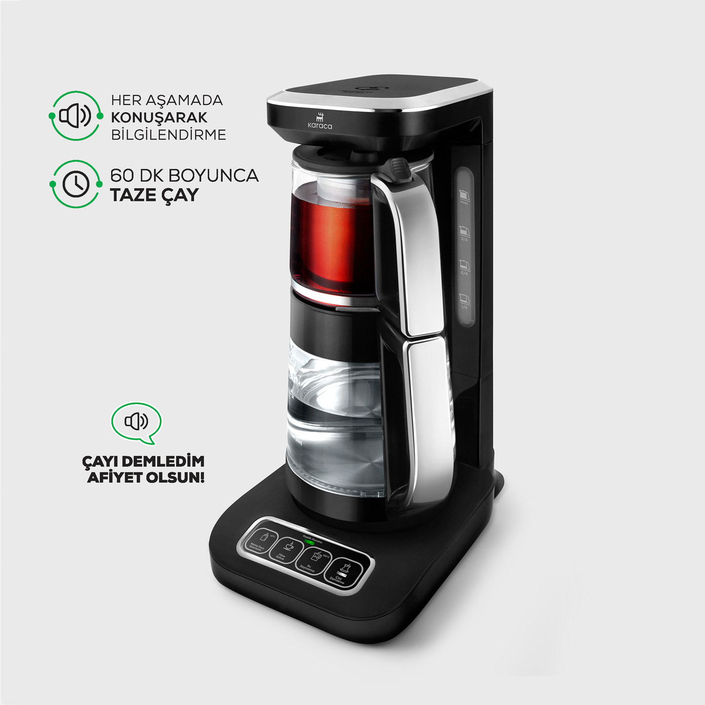 Karaca Çaysever Robotea Pro 4 In 1 Talking Automatic Glass Tea Maker Kettle And Filter Coffee Brewing Machine 2500W Black Chrome