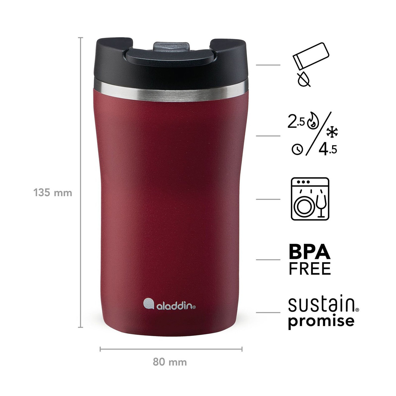 Aladdin Cafe Thermavac Leak-Lock Claret Red Stainless Steel Mug Hand Thermos