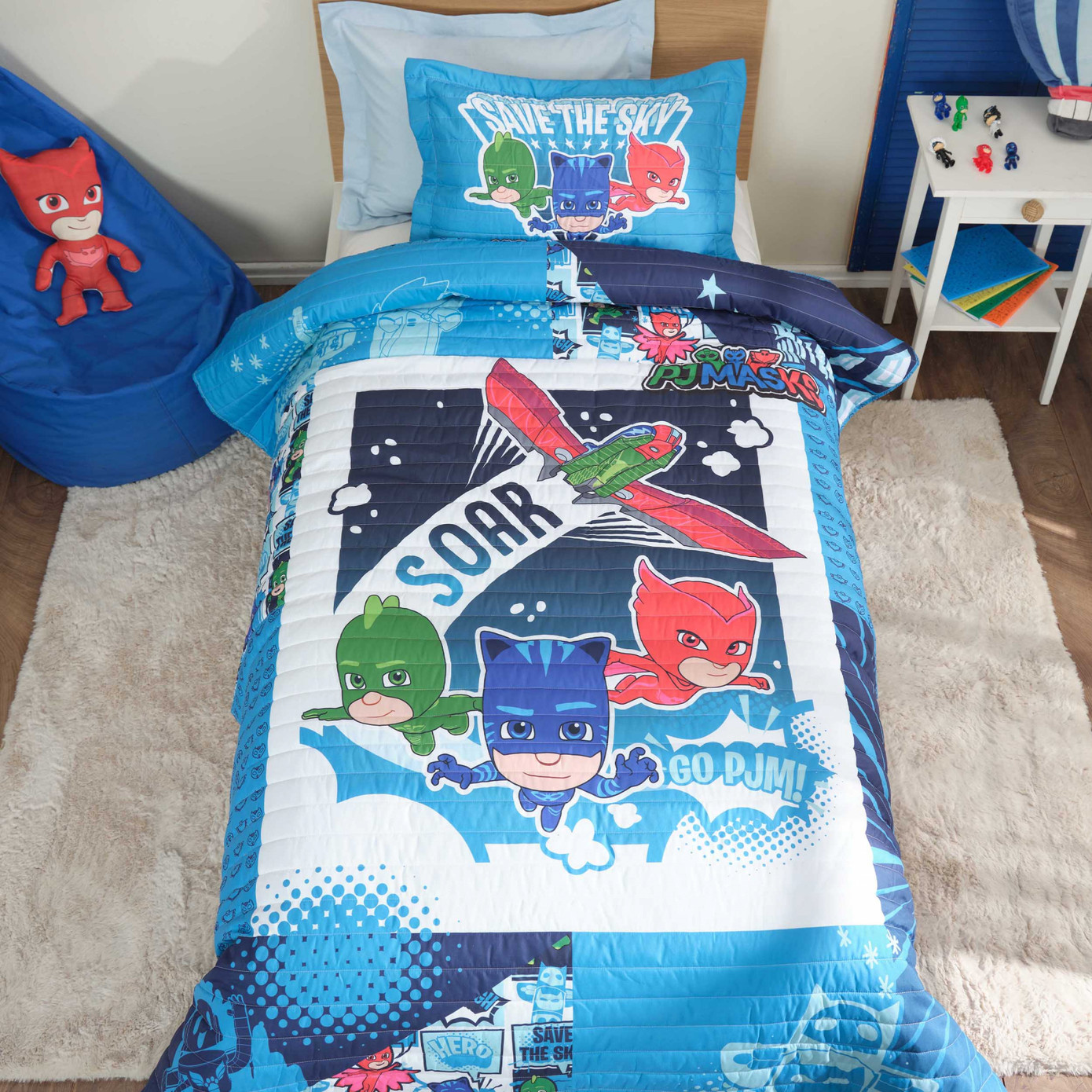 Pj Masks By Karaca Home Save The Sky Blue Single Bedspread