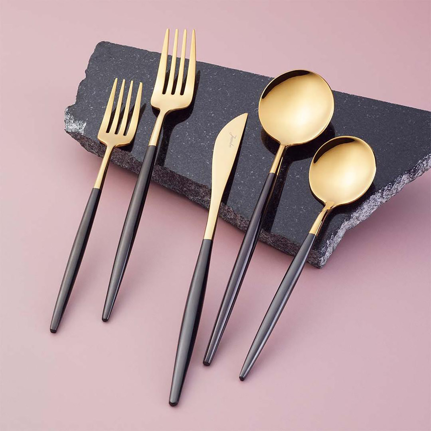 Jumbo Colors 30 Pieces Set Of 6 Cutlery Black Shiny Gold