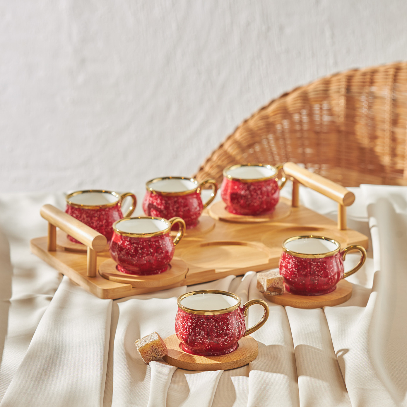 Karaca Bamboo Set Of 6 Red Coffee Cups With Tray 90 Ml