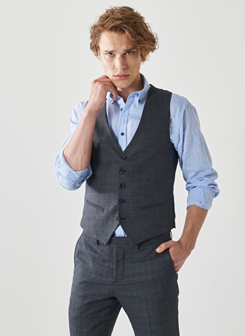 Slim Fit Mono Collar Checked Vest Classic Suit