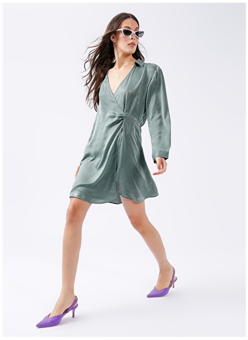 Factory Shirt Collar Plain Mini Green Women's Satin Dress RACER