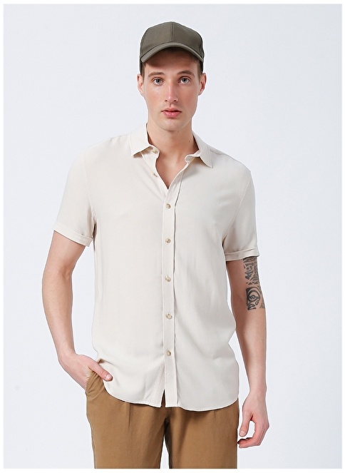 Factory Paris Basic Plain Beige Men's Short Sleeve Shirt