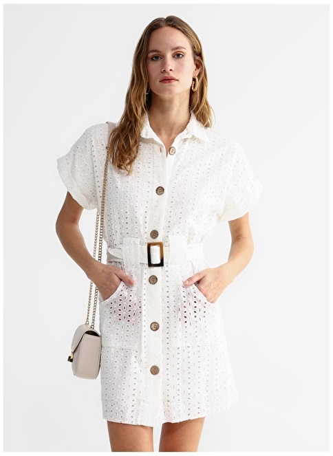 Factory Shirt Collar Guipure White Mini Women's Dress PINKEL