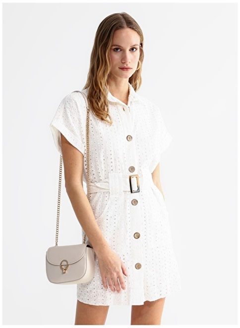 Factory Shirt Collar Guipure White Mini Women's Dress PINKEL