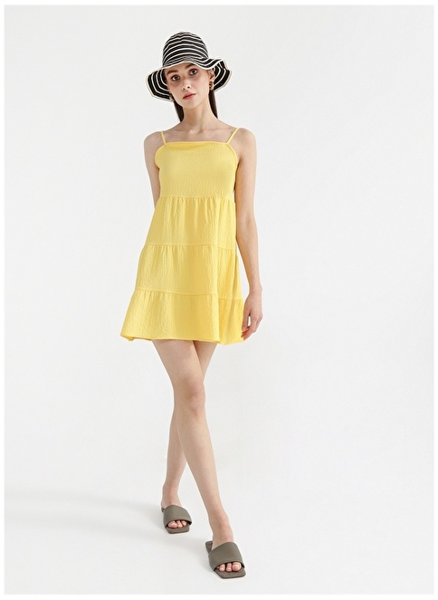 Factory Square Collar Dobby Yellow Mini Women's Dress NASU