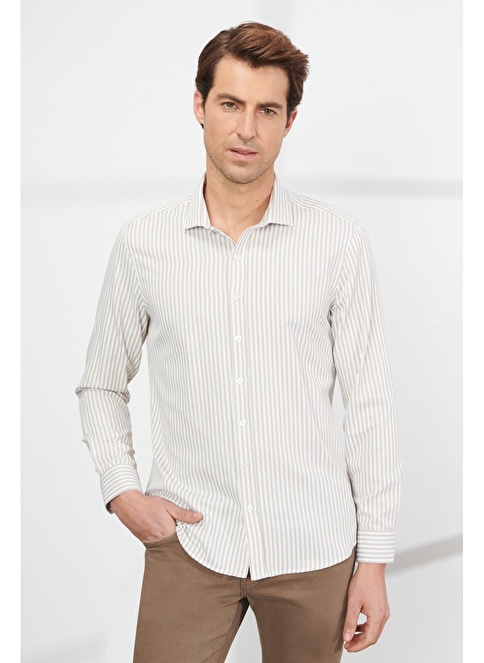 Slim Fit Small Italian Collar Cotton Striped Shirt