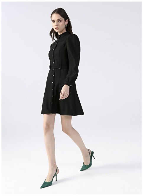 Factory Vertical Collar Patterned Mini Black Women's Dress FREZIA