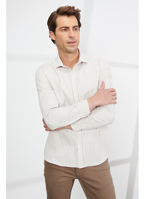 Slim Fit Small Italian Collar Cotton Striped Shirt