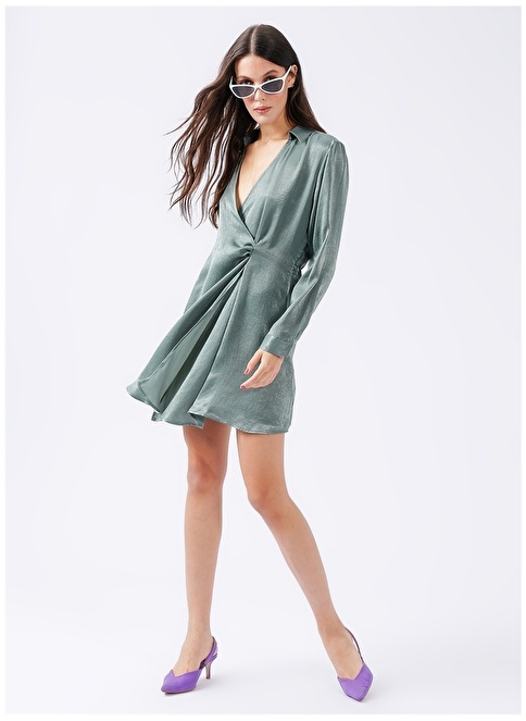 Factory Shirt Collar Plain Mini Green Women's Satin Dress RACER