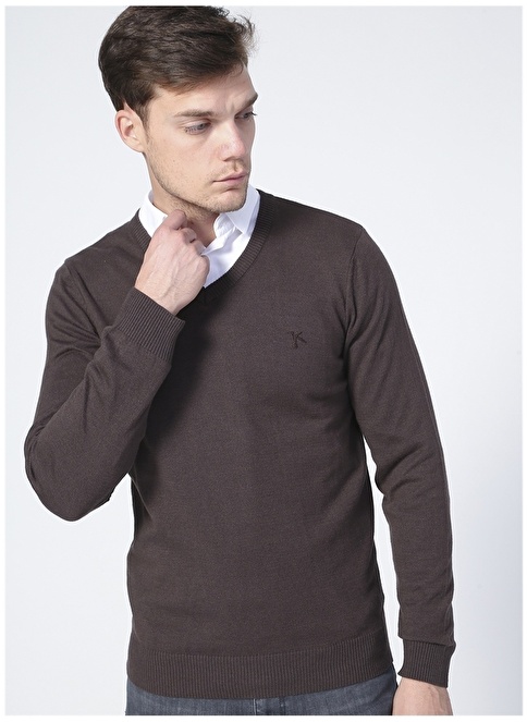 Factory V Neck Basic Plain Brown Melange Men's Sweater