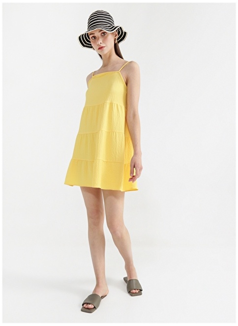 Factory Square Collar Dobby Yellow Mini Women's Dress NASU