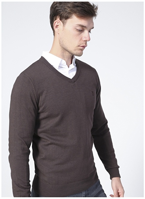 Factory V Neck Basic Plain Brown Melange Men's Sweater