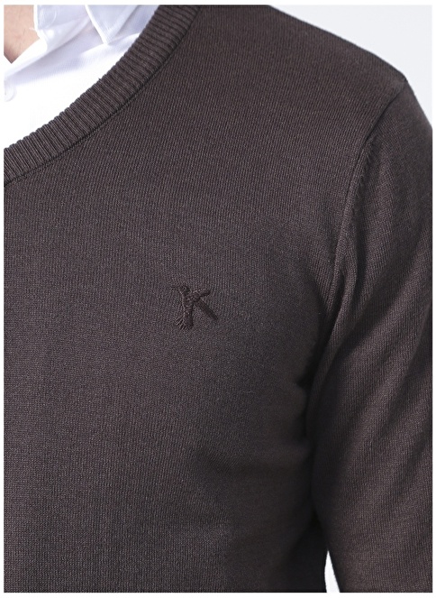 Factory V Neck Basic Plain Brown Melange Men's Sweater