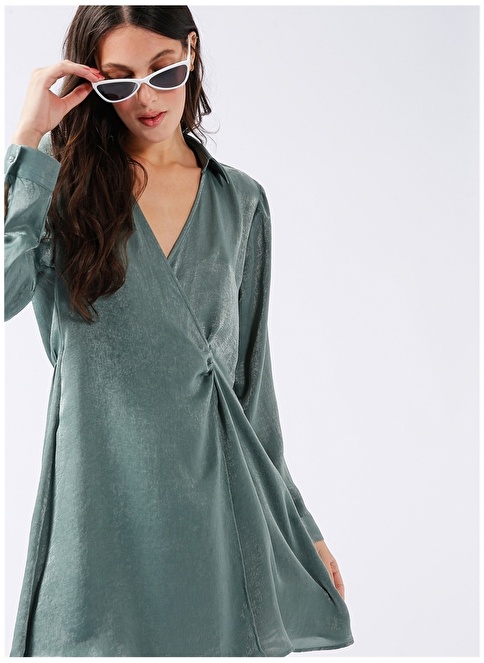 Factory Shirt Collar Plain Mini Green Women's Satin Dress RACER