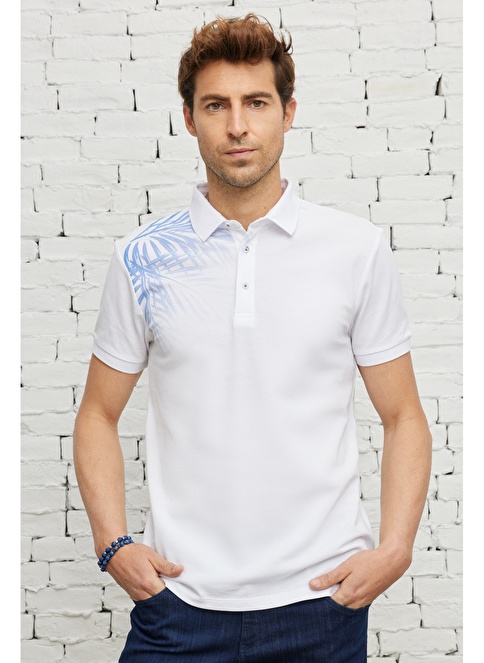 Slim Fit Polo Collar 100 Cotton Printed Short Sleeved T-Shirt