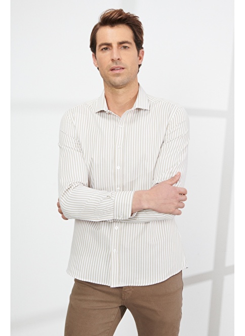 Slim Fit Small Italian Collar Cotton Striped Shirt