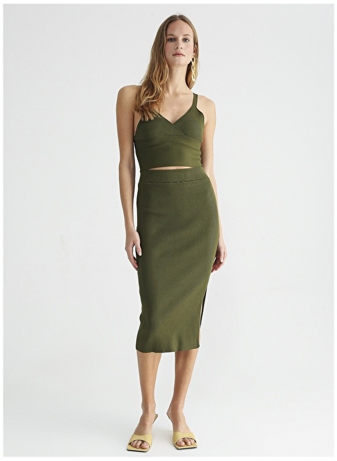 Factory Elastic Waist Green Women's Straight Midi Skirt TAPE