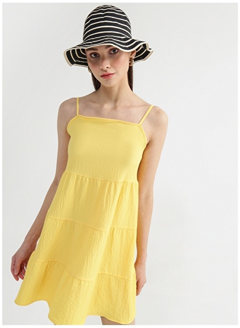 Factory Square Collar Dobby Yellow Mini Women's Dress NASU