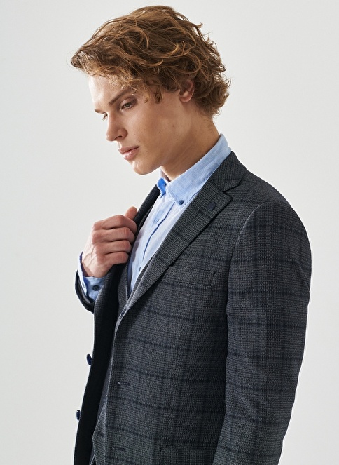 Slim Fit Mono Collar Checked Vest Classic Suit