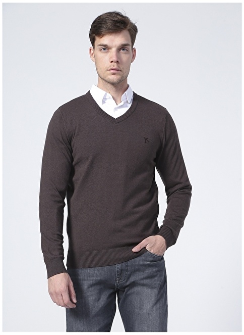 Factory V Neck Basic Plain Brown Melange Men's Sweater