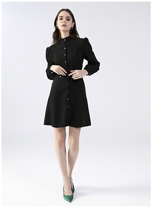 Factory Vertical Collar Patterned Mini Black Women's Dress FREZIA