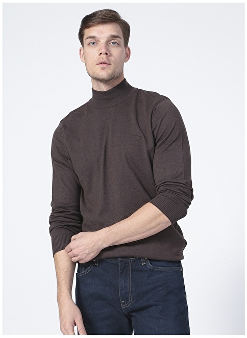 Factory Half Turtleneck Basic Plain Brown Melange Men's Sweater BERNARDO