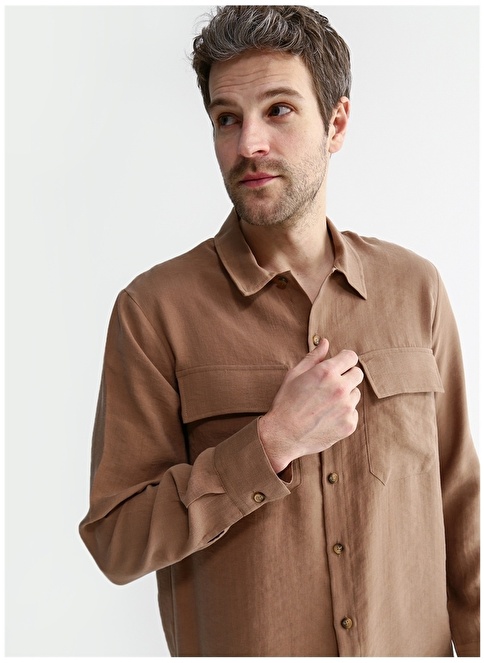 Factory Basic Jacket Collar Plain Brown Men's Shirt YOKAS