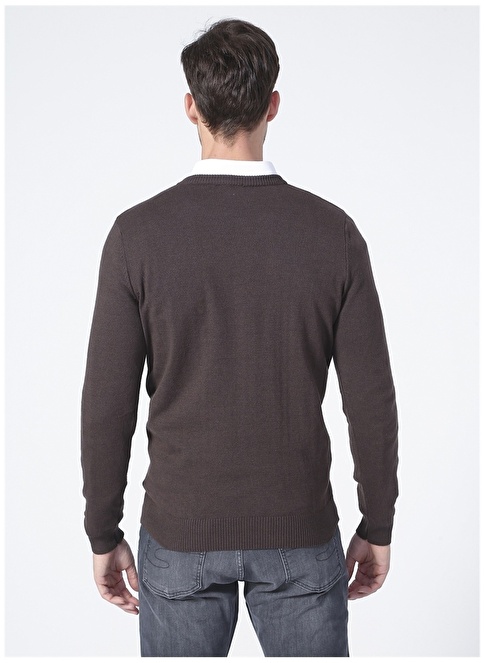 Factory V Neck Basic Plain Brown Melange Men's Sweater