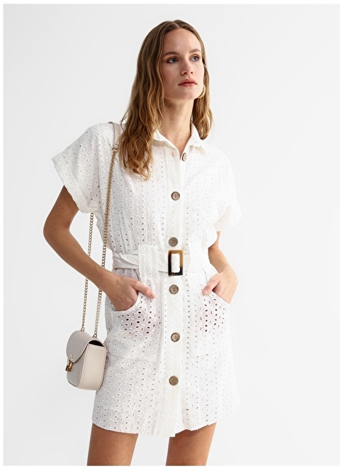 Factory Shirt Collar Guipure White Mini Women's Dress PINKEL