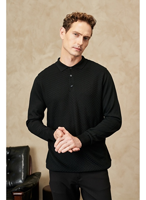 Altınyıldız Classics Polo Collar Black Men's Wool Sweater 4A4923100035