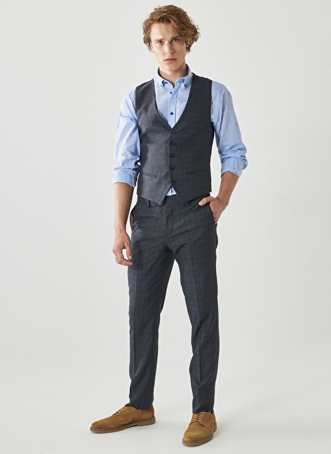 Slim Fit Mono Collar Checked Vest Classic Suit