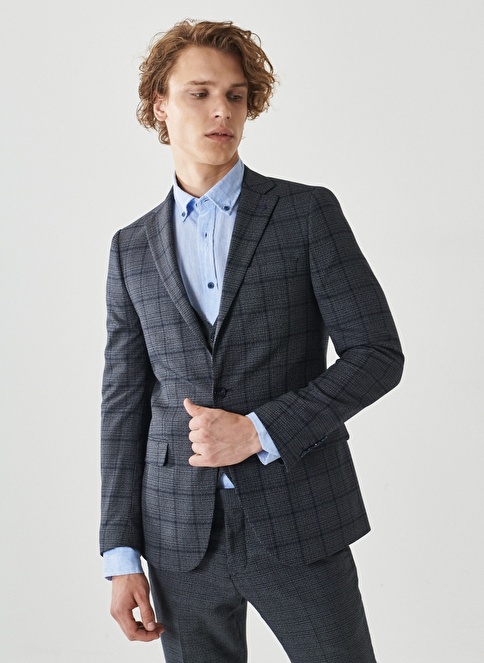 Slim Fit Mono Collar Checked Vest Classic Suit