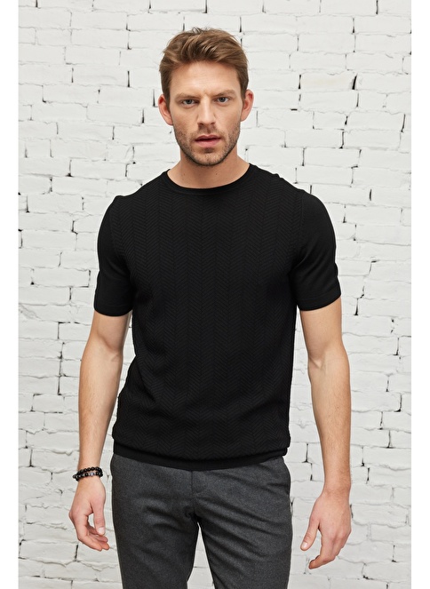 Standard Fit Crew Neck Short Sleeve Jacquard Knitwear