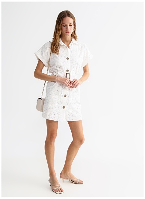 Factory Shirt Collar Guipure White Mini Women's Dress PINKEL