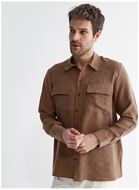 Factory Basic Jacket Collar Plain Brown Men's Shirt YOKAS