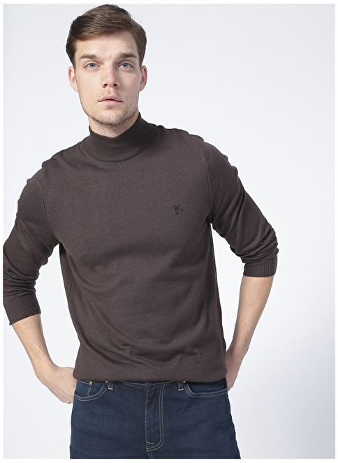 Factory Half Turtleneck Basic Plain Brown Melange Men's Sweater BERNARDO