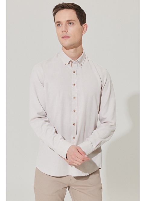 Slim Fit Buttoned Collar Cotton Dobby Shirt